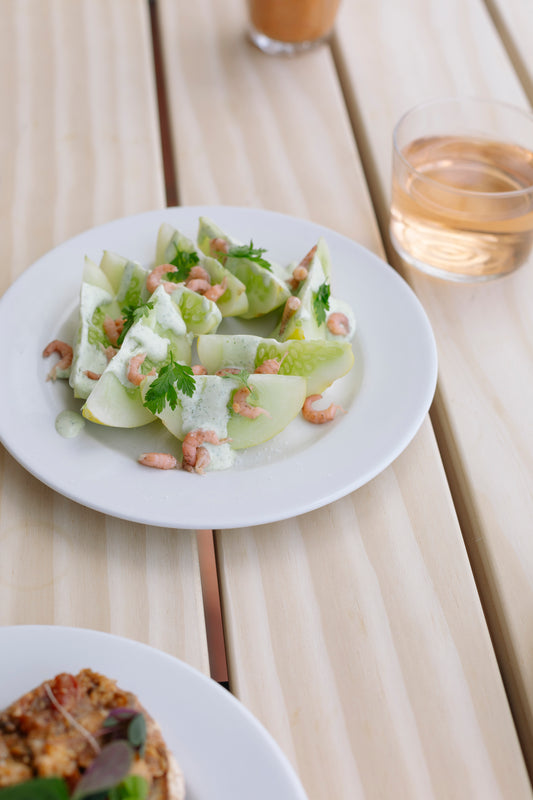 Crystal lemon cucumber, brown shrimp and chervil
